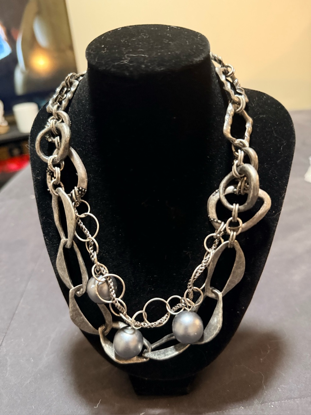 Chico's Silver-Tone Mixed Link Necklace with Gray Pearl Accents